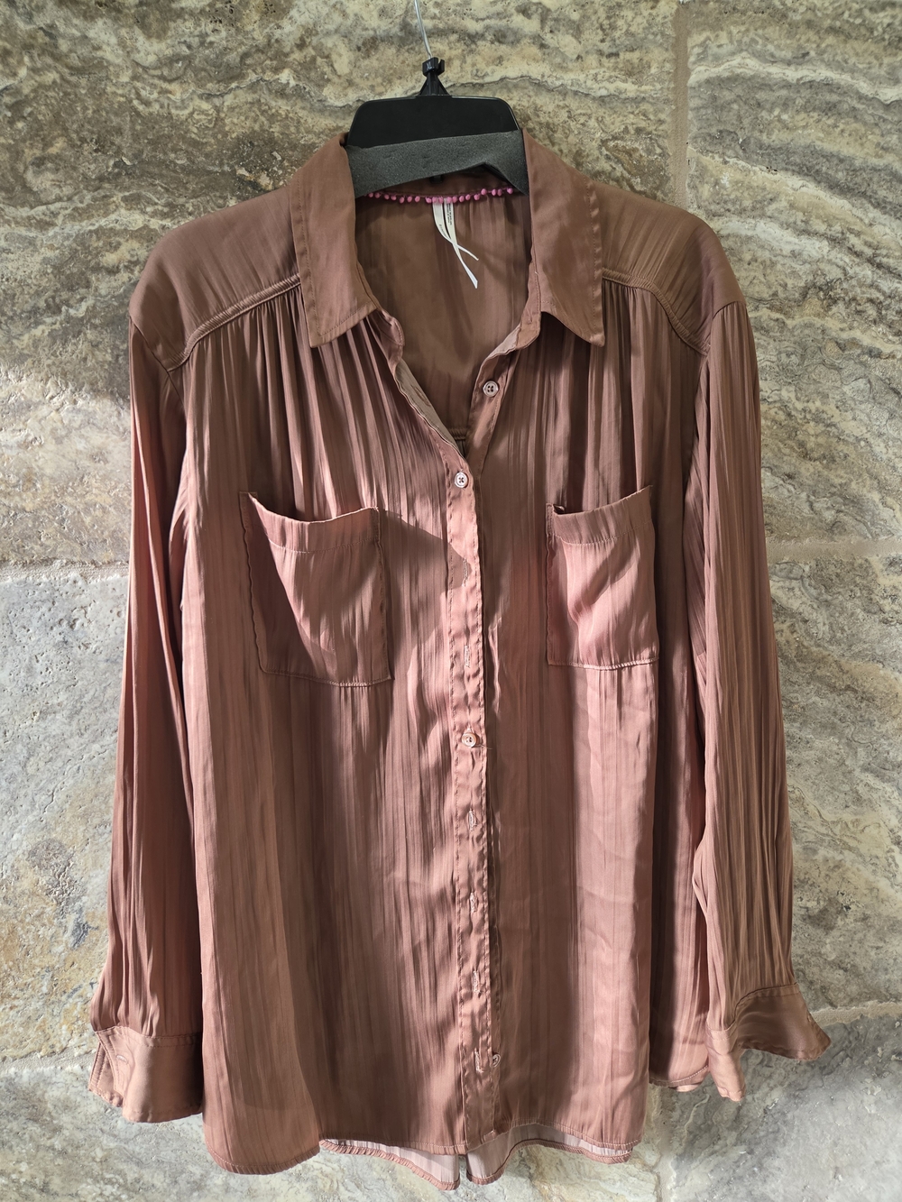 Women's Relaxed Fit Brown Button-Front Blouse Large